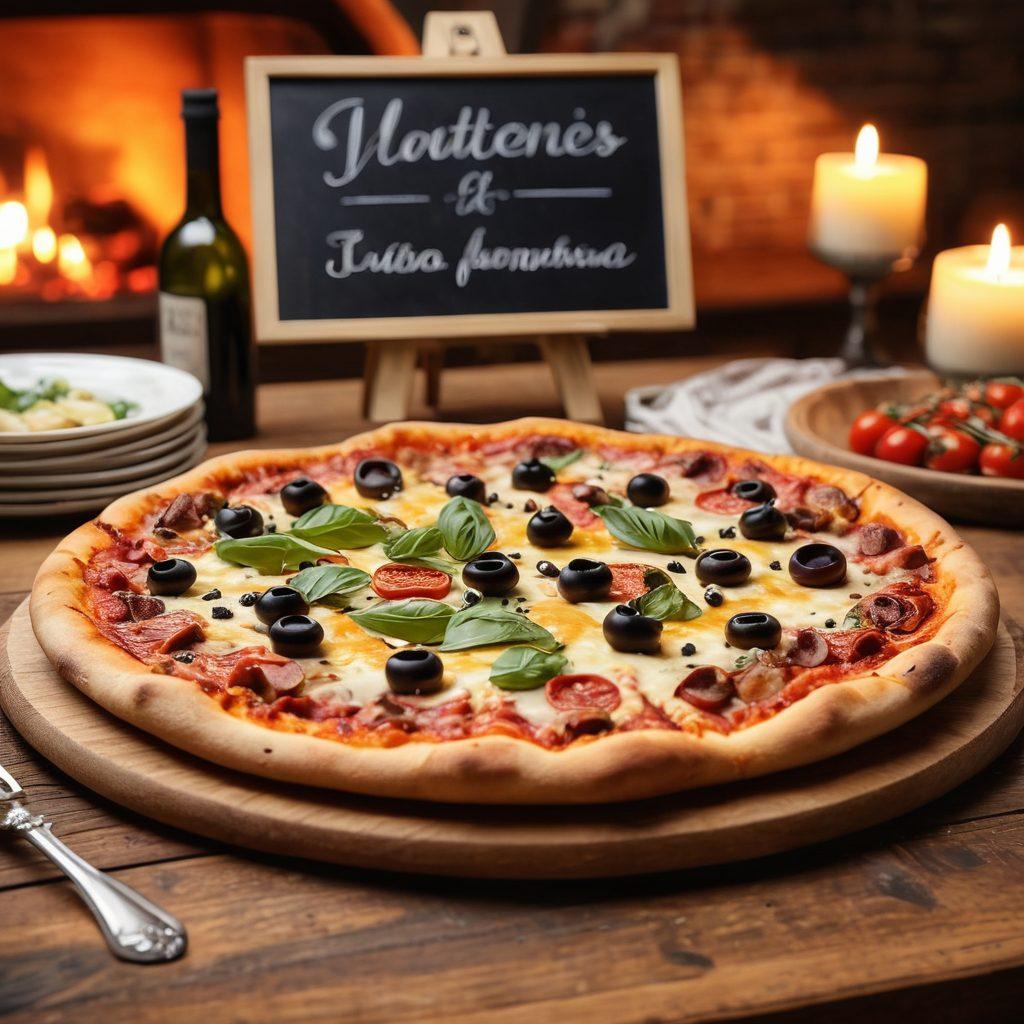 A mouth-watering artisan pizza topped with vibrant fresh ingredients, artfully placed on a rustic wooden table. Surrounding the pizza, a cozy dining setup with flickering candles and wine glasses, creating an inviting atmosphere. In the background, a chalkboard menu displaying various gourmet pizza options in stylish typography. The lighting is warm and inviting, emphasizing the textures of the crust and toppings. super-realistic. warm colors. cozy ambiance.