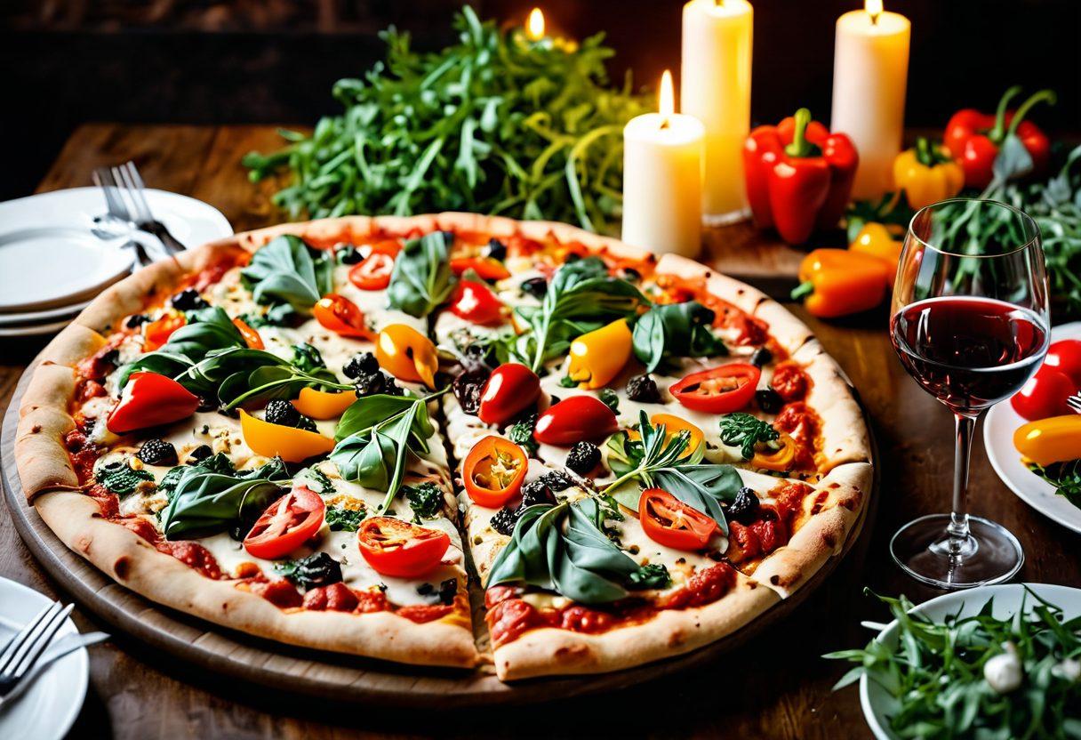 A beautifully arranged gourmet pizza table showcasing a variety of unique pizzas, each with vibrant toppings like truffle oil, arugula, and colorful bell peppers. The setting is intimate, with soft lighting and romantic decor, including candles and fresh herbs. Add appetizing side dishes and a glass of wine to enhance the scene. Capture the essence of love and indulgence through rich colors and textures. vibrant colors. super-realistic.