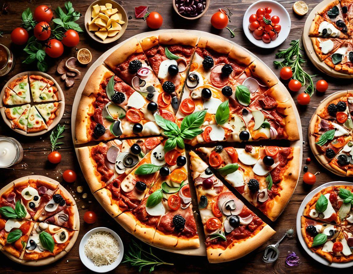 A lively scene of a beautifully arranged gourmet pizza table featuring a variety of artisanal pizzas topped with fresh ingredients, surrounded by happy family and friends celebrating at a festive gathering. The backdrop shows colorful party decorations and a warm, inviting atmosphere. Include elements of laughter and shared moments to reflect celebration, with vibrant colors and detailed textures on the pizzas. super-realistic. vibrant colors. festive atmosphere.